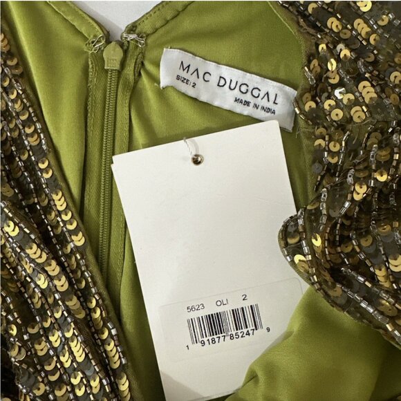 NWT $598 Mac Duggal [ 2 ]‎ Sequined Faux Wrap Cap Sleeve Gown Olive Green #Q714 - Picture 6 of 16